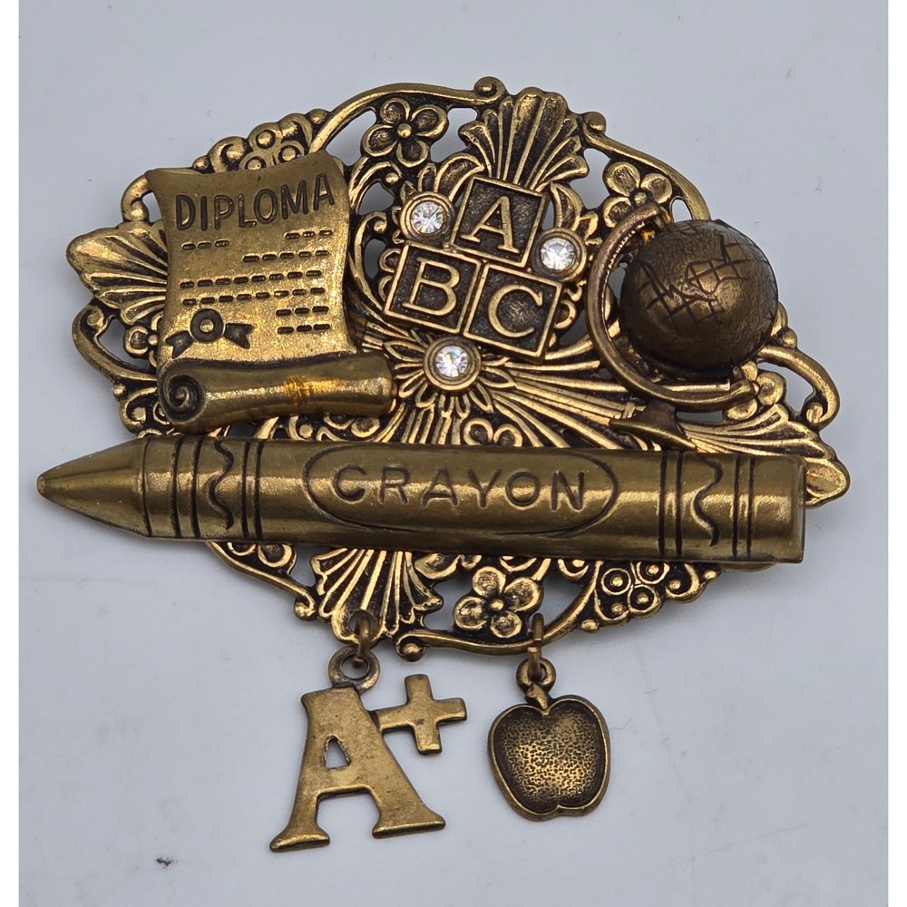 Vintage 90s School Teacher Brooch Womens Brass Style Gold Metal Crayon Classroom
